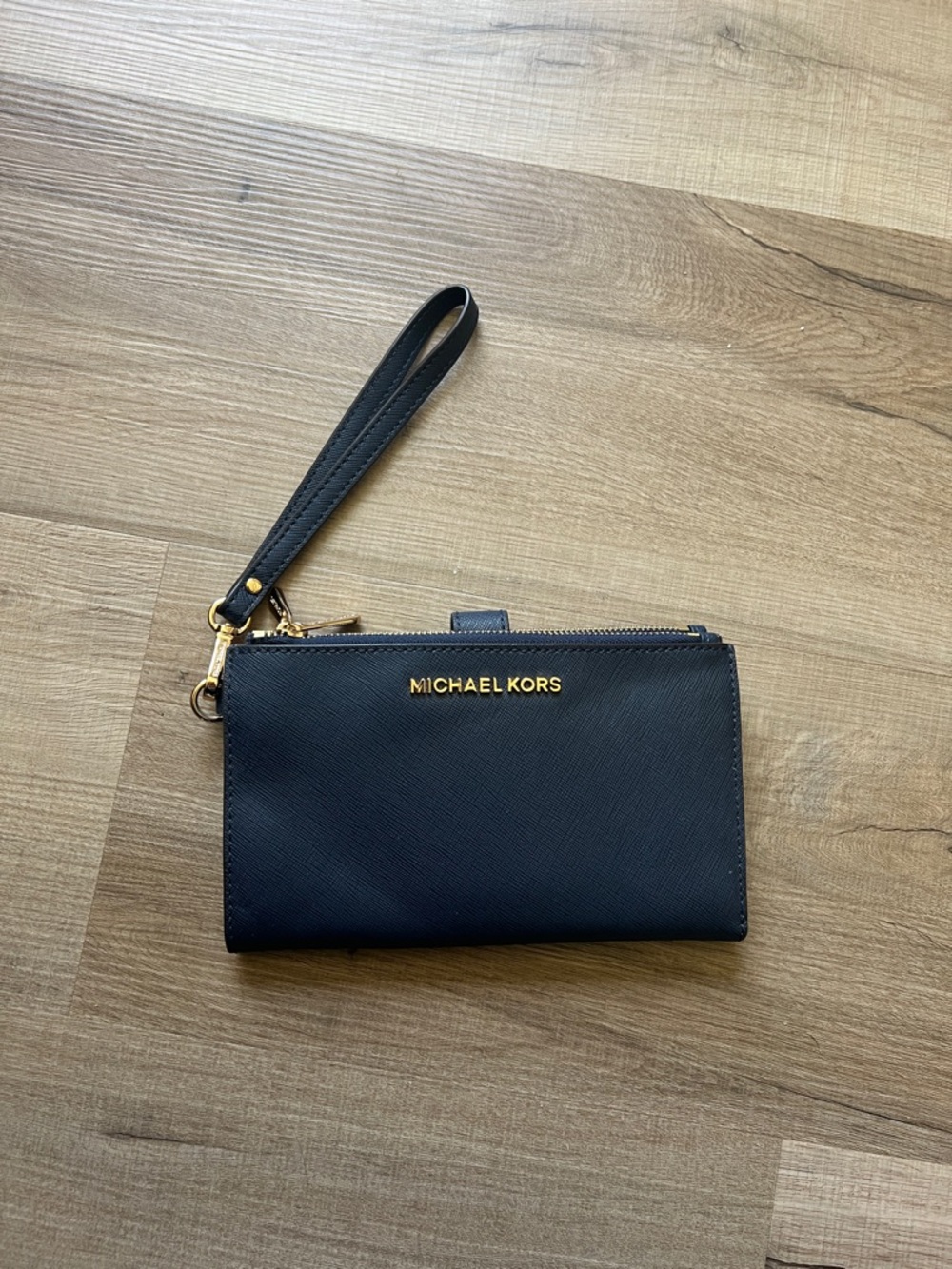 Michael Kors Black Leather Wristlet with Gold Logo
